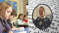 A girl in a school classroom reading from a book, and a man smiling