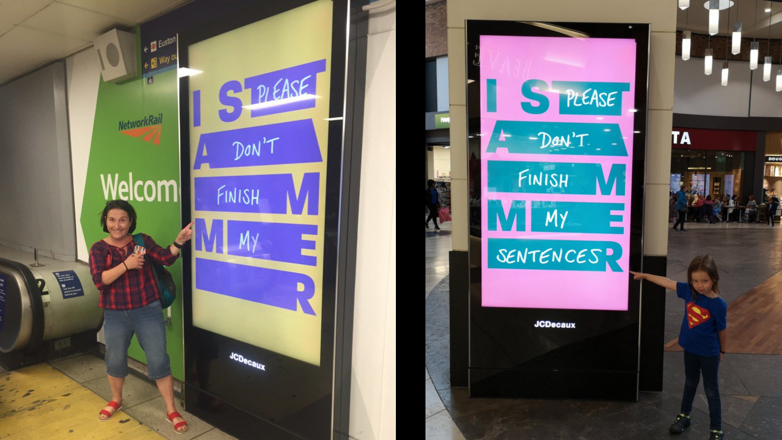 Two electronic billboards with a women and a girl pointing at them