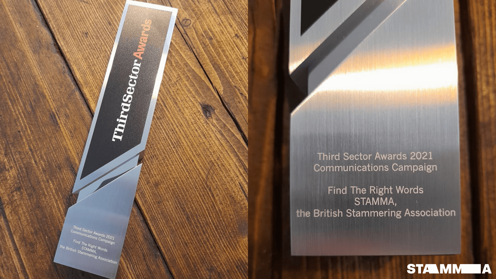 Two images of an award, one of them a close up of the writing on it