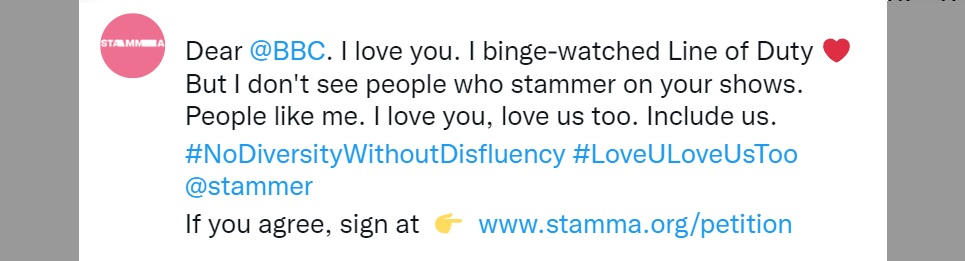 A Tweet, with a message regarding STAMMA's Valentine's Day 2022 campaign.