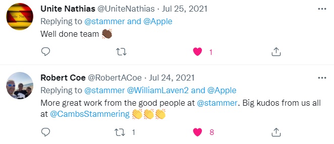 A screengrab of two tweets congratulating STAMMA for helping to stop Apple associate the woozy face emoji with stammering