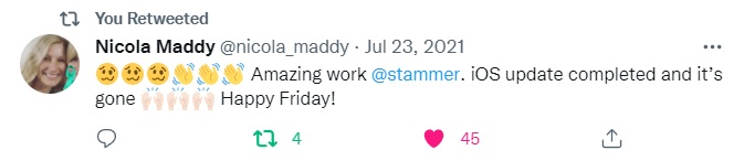 A screengrab of a tweet congratulating STAMMA for helping to stop Apple associate the woozy face emoji with stammering