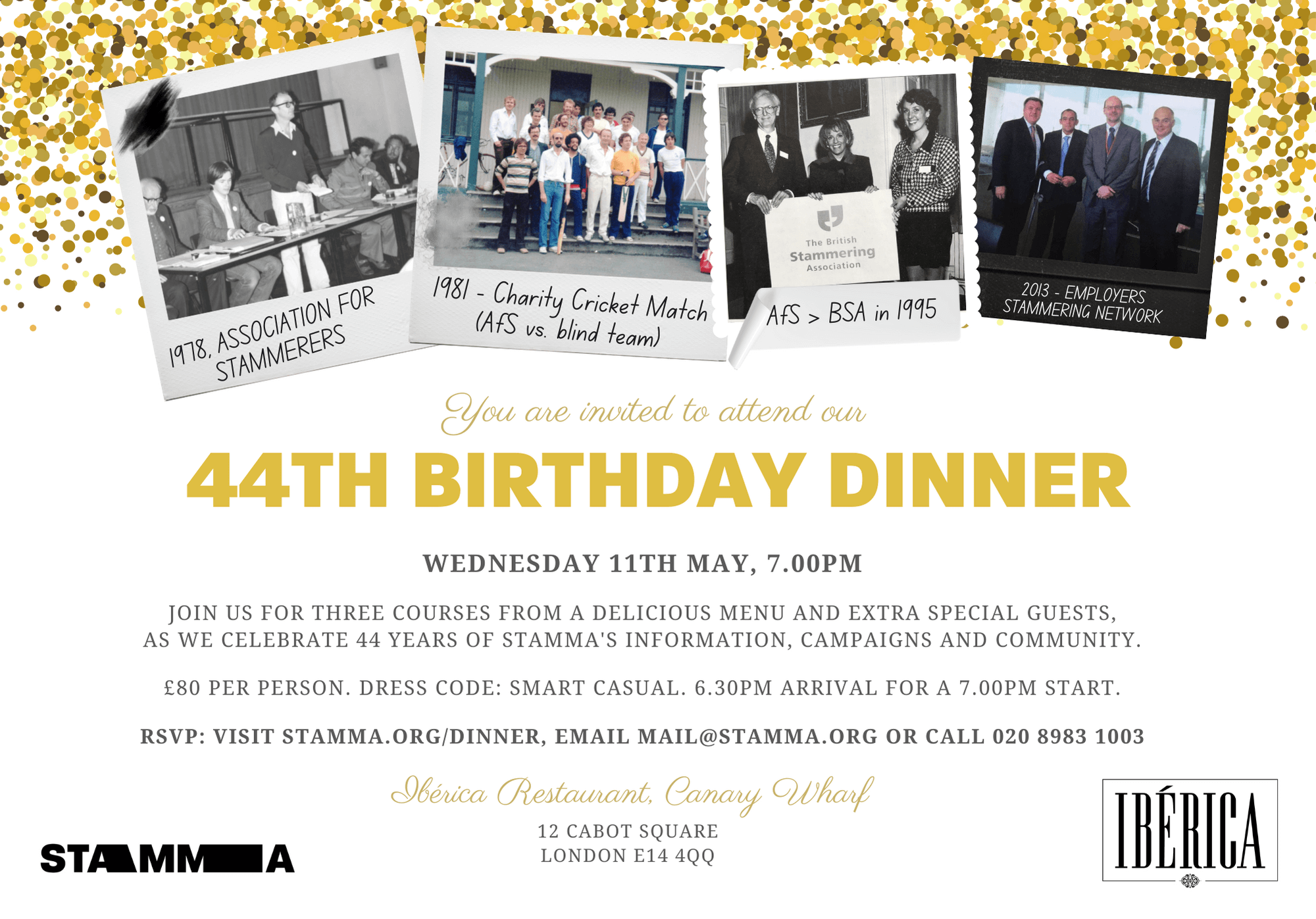 Text saying '44th Birthday Dinner', with old photographs and decorative bubbles above it and text details underneath
