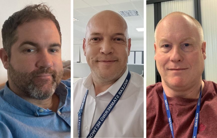 A montage of three men looking at the camera and smiling