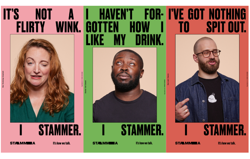 Three posters showing people in mid-stammer