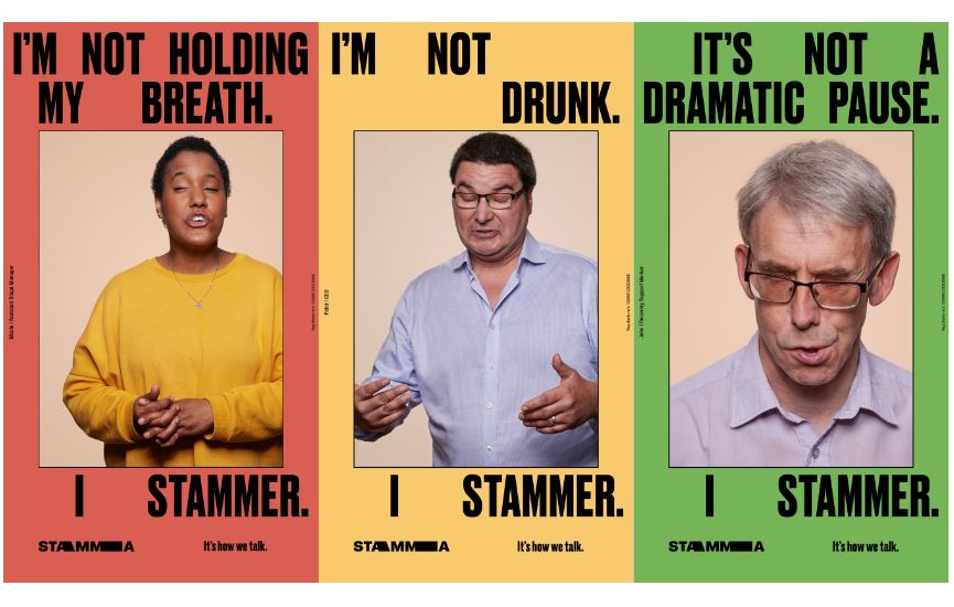 Three posters showing people in mid-stammer