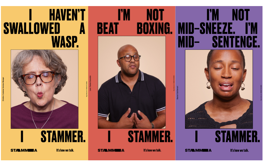 Three posters showing people in mid-stammer