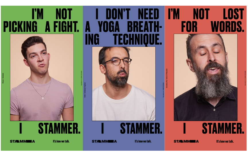 Three posters showing people in mid-stammer