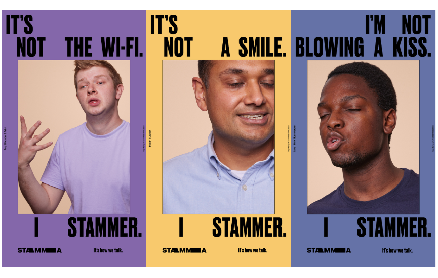 Three posters showing people in mid-stammer