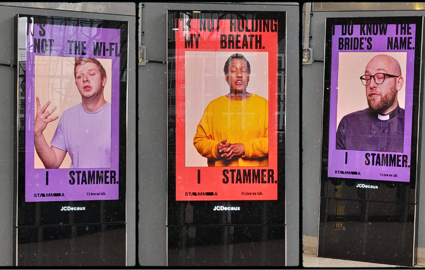 Three digital advertising displays showing people mid-stammer