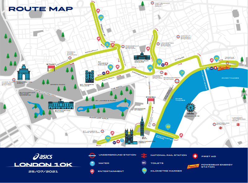 Map of London showing the London 10k Run routemap
