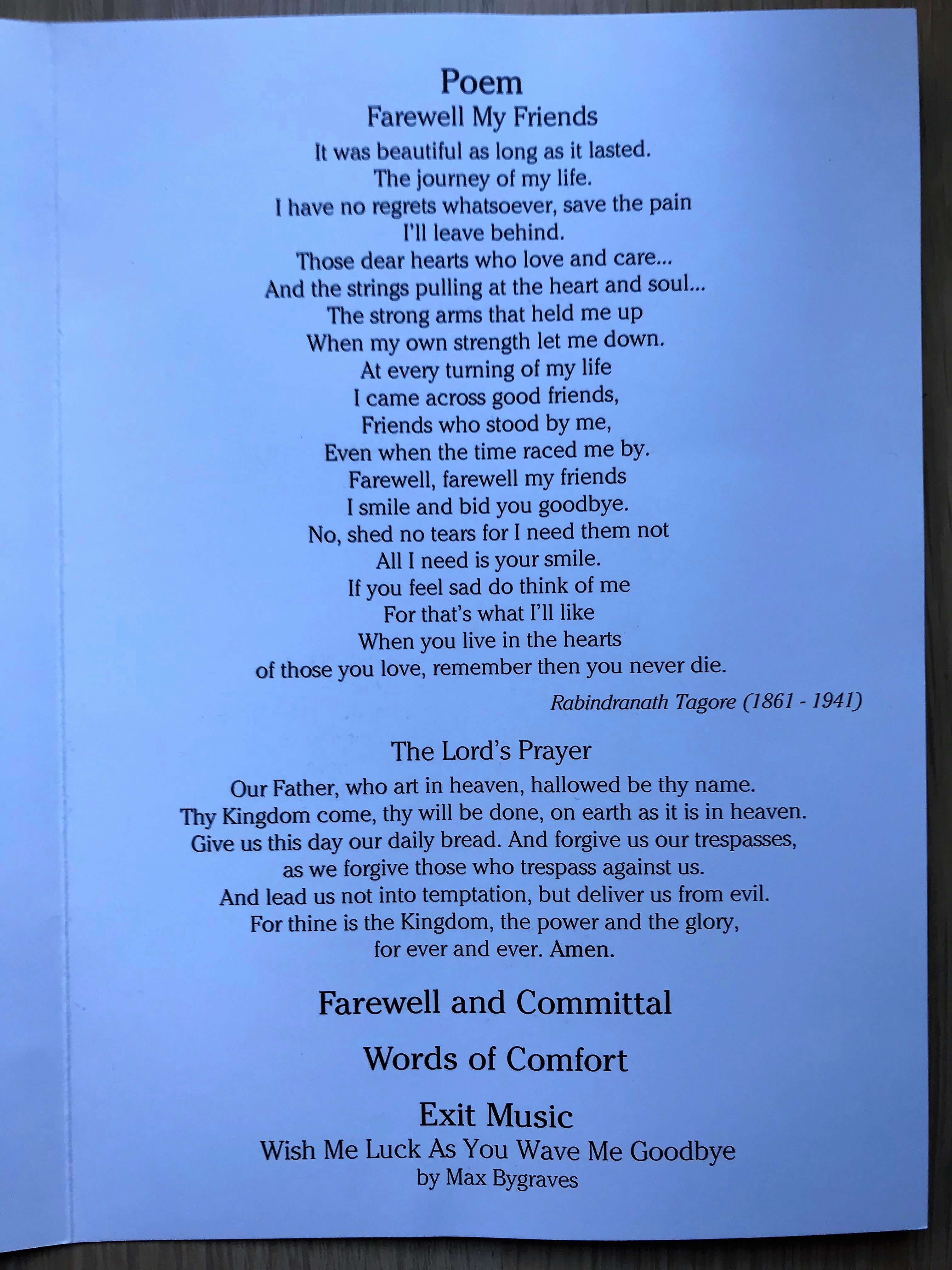 The third page of a funeral programme