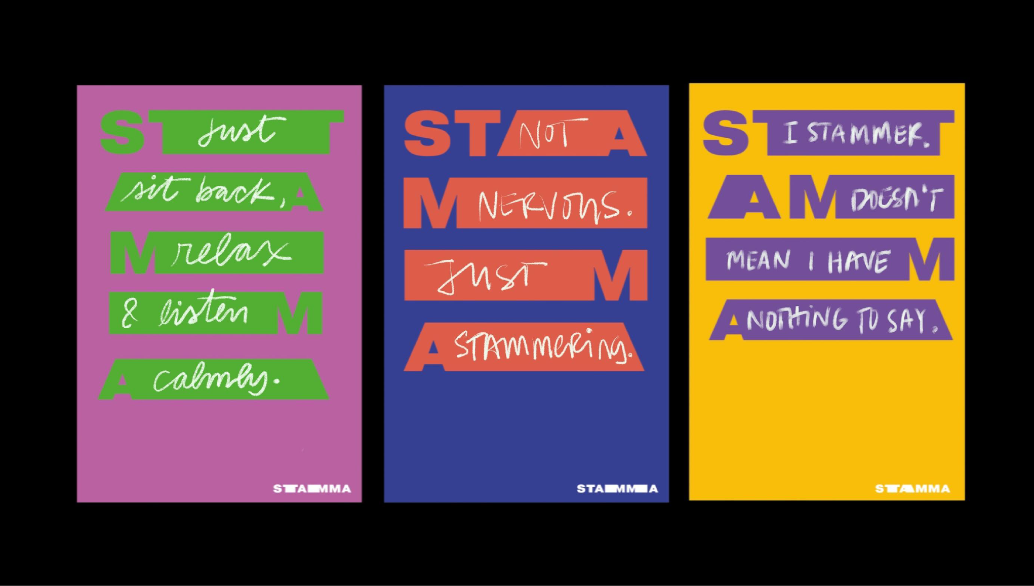 Three posters showing the STAMMA re-branding campaign