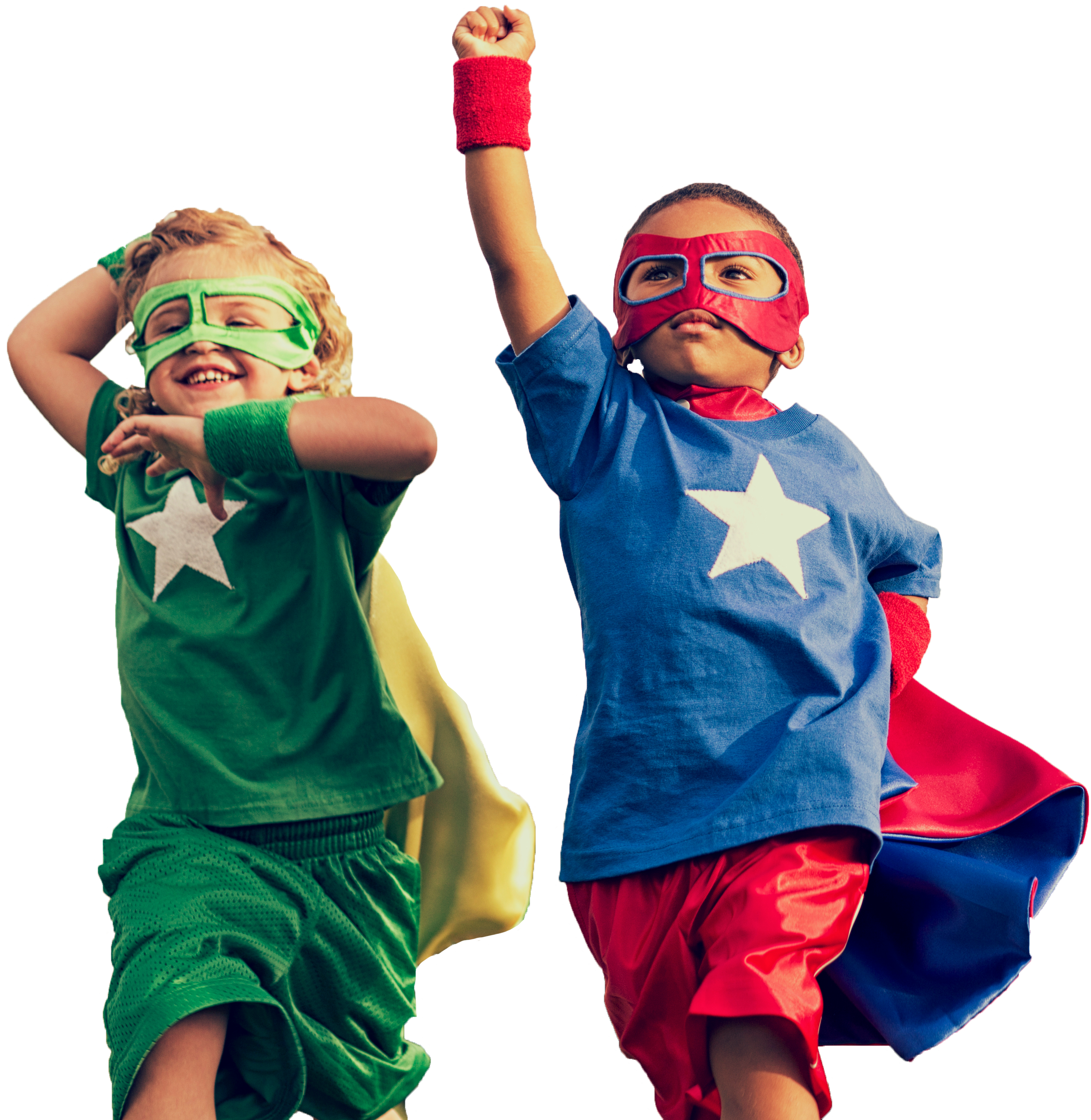 Two young children dressed as superheroes