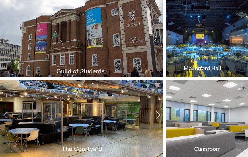 A montage of four images, taken of and inside university buildings and rooms