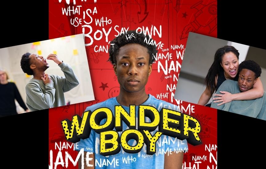 A montage of three images, including actors performing and a poster featuring a young man looking at the camera