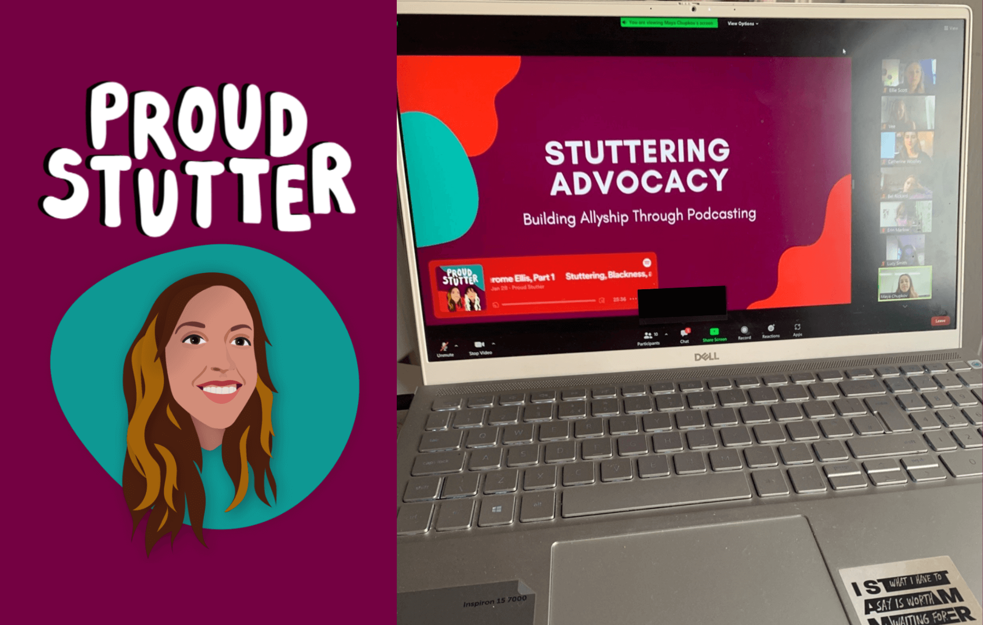A picture of a laptop screen, with text next to it saying 'Proud Stutter' and an illustrated woman's face underneath