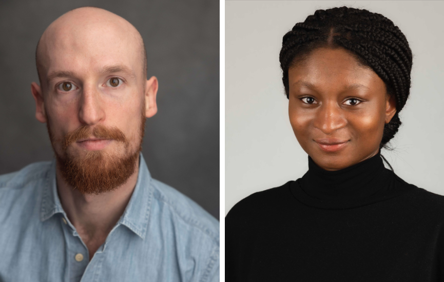 Two images: a man looking at the camera, and a woman looking at the camera