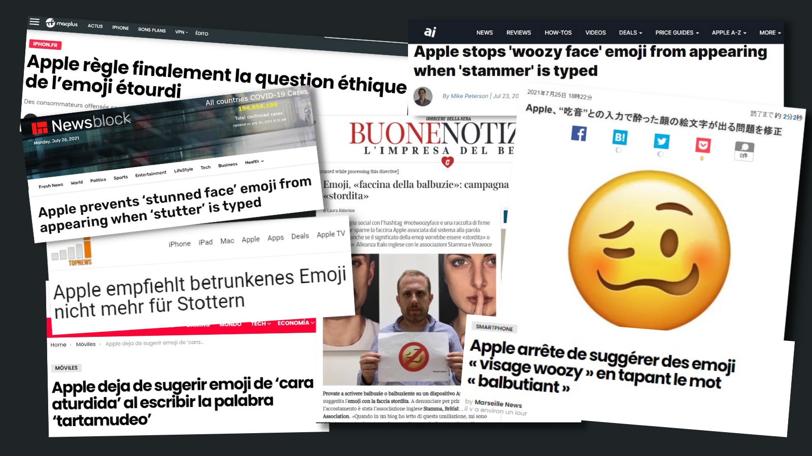 A selection of news article headlines from around the world, reporting that Apple have stopped linking the woozy face emoji to stammering