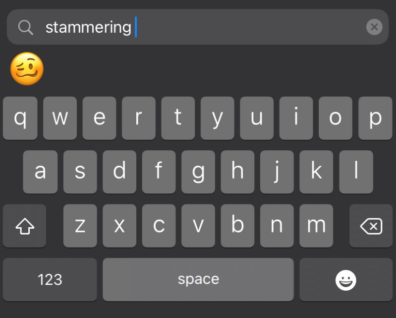 A keyboard, with a woozy face emoji appearing under the term 'stammering'