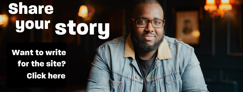 A young man siting in a pub looking at the camera with the text 'Share your story'