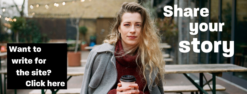 A young woman on a bench looking at the camera, with text saying 'Share your story'