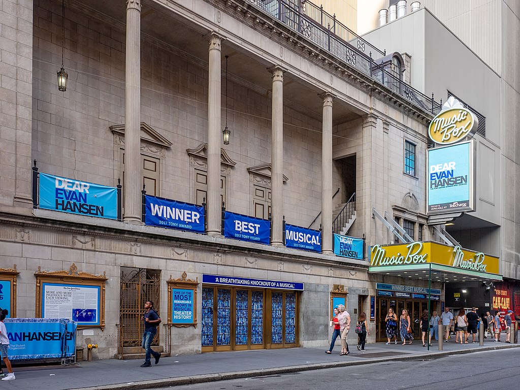 Frontage of a Broadway theatre showing Dear Evan Hansen