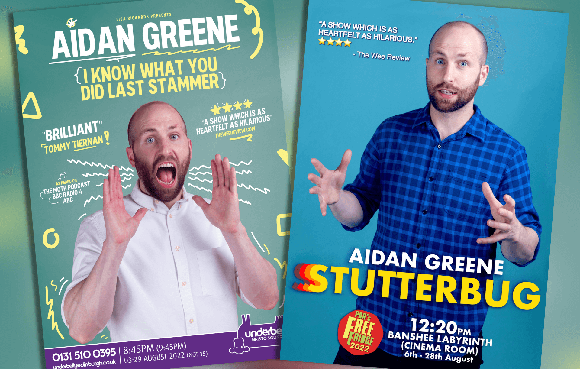 Two stand-up comedy posters, featuring the same man looking at the camera in each