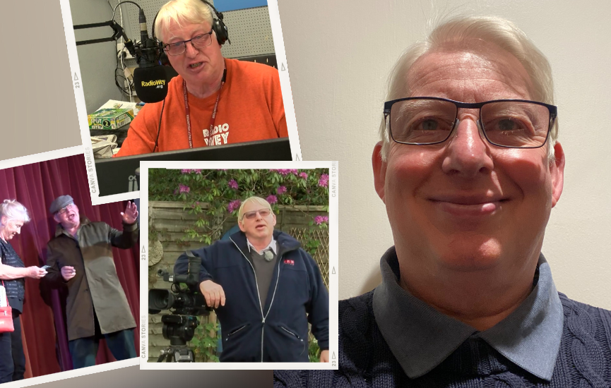 A man looking at the camera and smiling, with three inset photos of the same man presenting a radio show, rehearsing for a play, and standing beside a tv camera