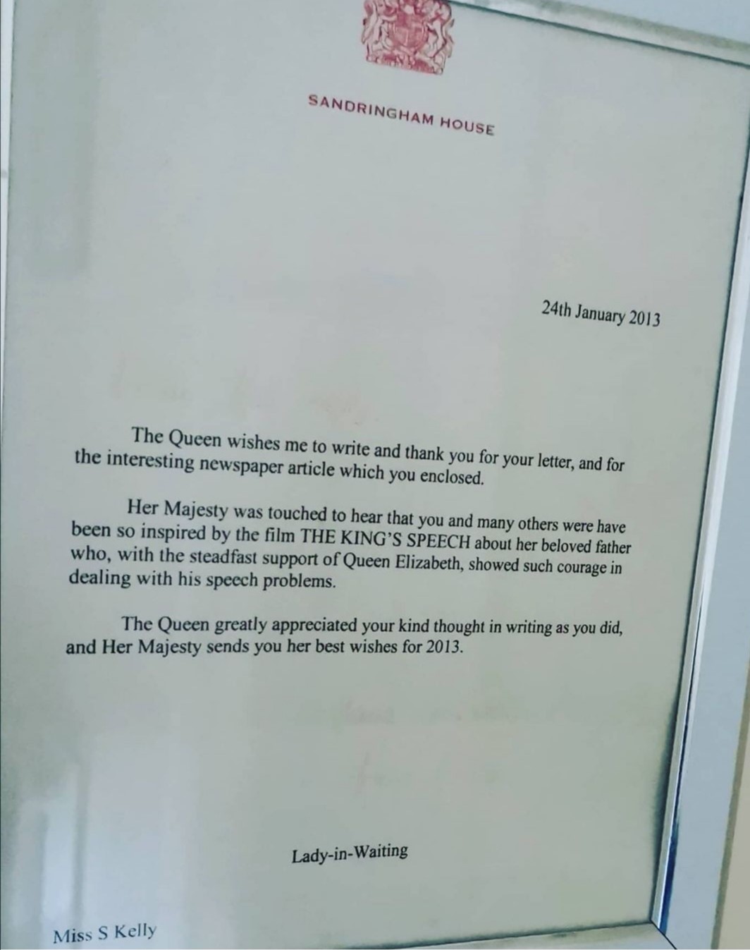 A letter from the Queen to the article's author Sandra