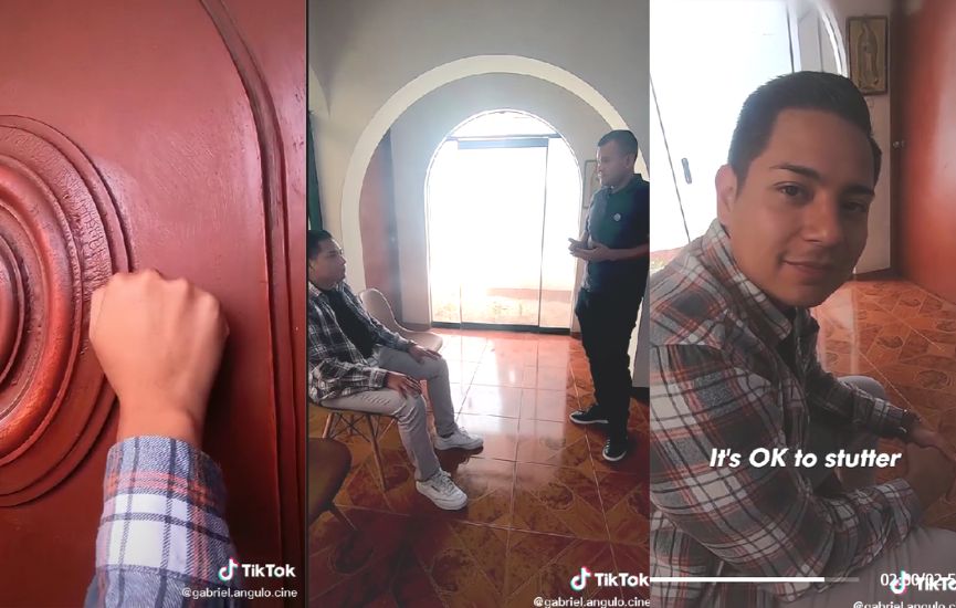 Three images, one of a hand knocking on a door, the second of a boy sitting and a man standing, and a third of a boy looking at the camera, with text saying 'It's OK to stutter'