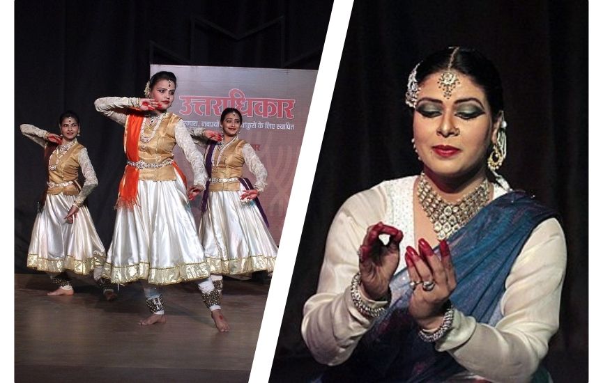 Two images, one of three women performing a traditional Indian dance, and another, a close up of a woman performing the dance